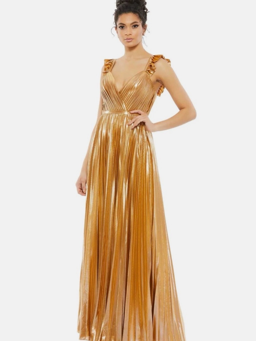 Mac Duggal Metallic Gold Pleated Evening Dress